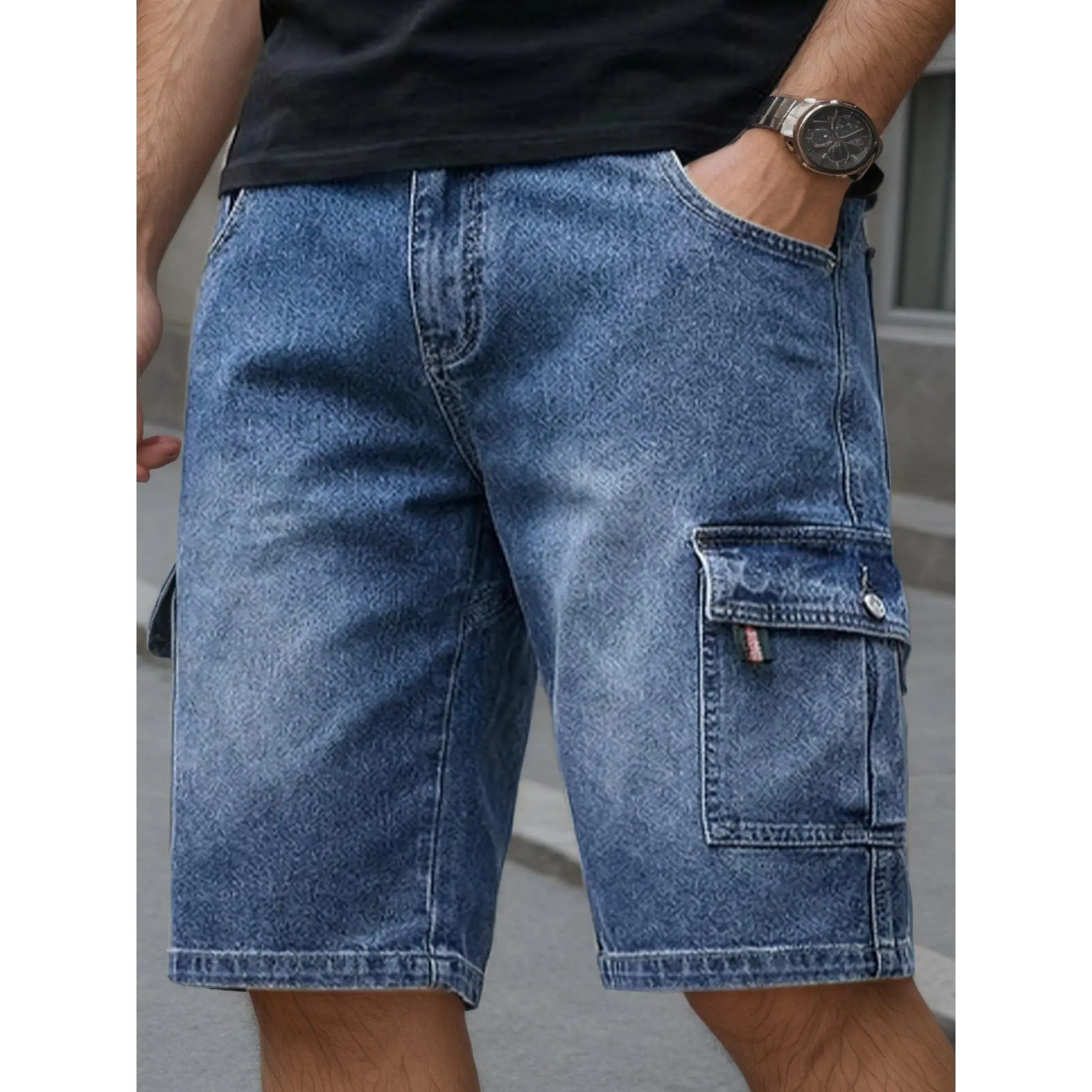 Men's American High Street Cargo Stretch Denim Shorts, Multi-Pocket Wear-Resistant Slim-Fit 5-Inch Shorts, Vintage Washed Straight-Leg Mid-Length Jeans, Trendy Street Casual Shorts for Young Men, Summer Cargo Denim Shorts for Men