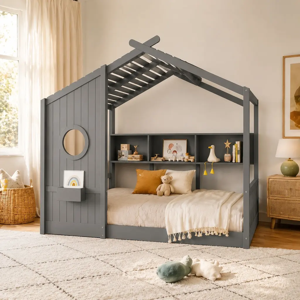 Gray Full-Size Montessori Arch Floor Playhouse Bed for Toddlers - Child-Friendly Floor Bed with Playhouse Roof, Built-In Storage Shelf, Some Assembly Required, Montessori Style Bed