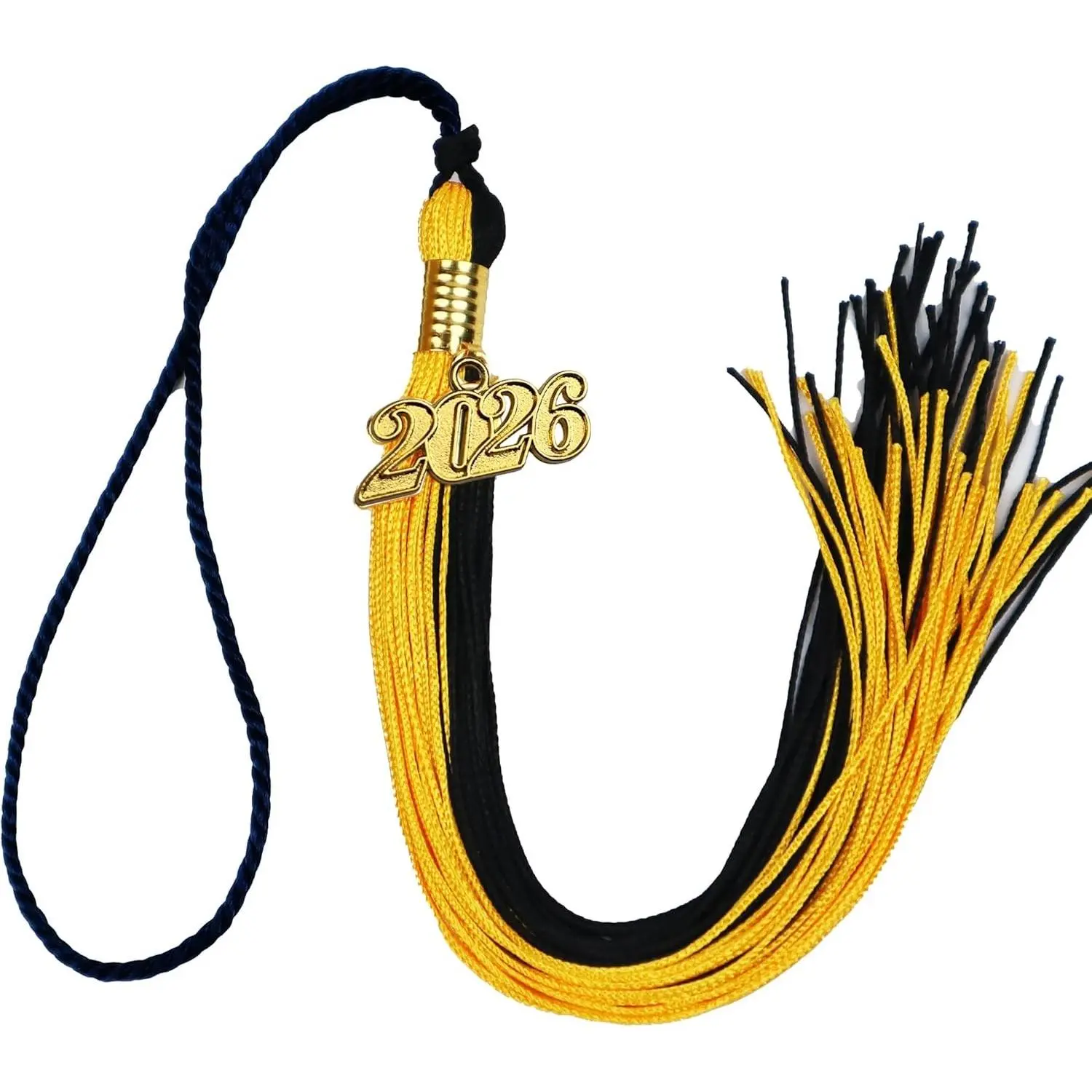 Graduation Cap Tassel with Hang Loop, Metal Clasp, Removable 2026 Gold Year Charm, 9 in Long (Black-Gold), Removable Charm
