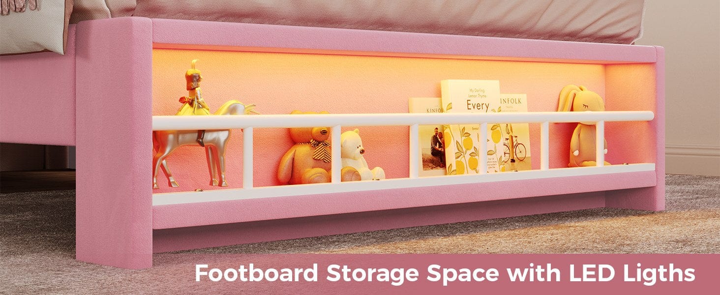 Sikaic Twin Size Princess Velvet Upholstered LED Bed Frame Pink Headboard & Storage Charging Station with RGB Lighting & 2 Outlets for Kids Sikaic Twin Size Princess Velvet Upholstered LED Bed Frame Pink Headboard & Storage Charging Station with RGB Lighting & 2 Outlets for Kids