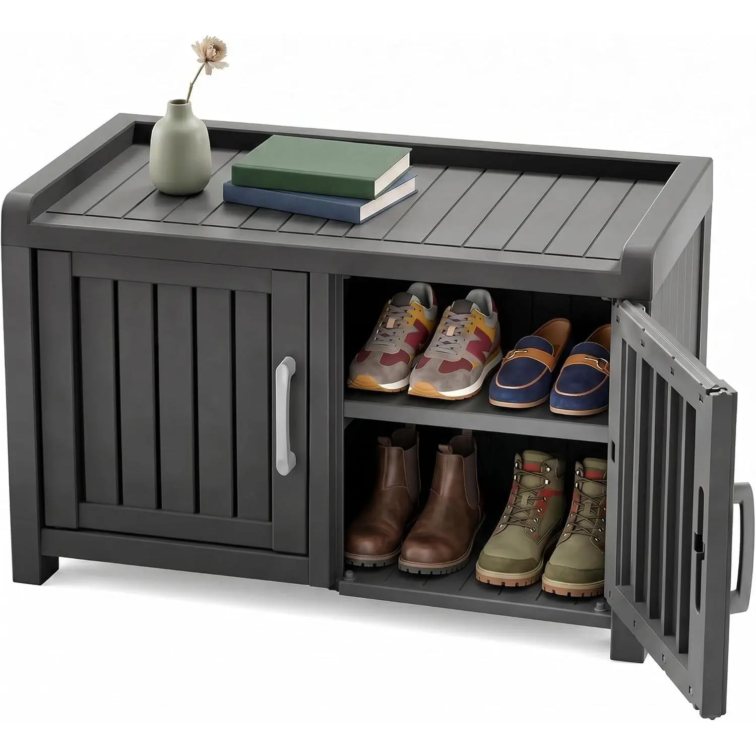 Outdoor Shoe Storage Bench, Shoe Cabinet Double Door, Black | Waterproof UV-Resistant,Storage Bench Indoor Outdoor with Adjustable Shelves,for Entryway Bedroom,Hallway,Living Room