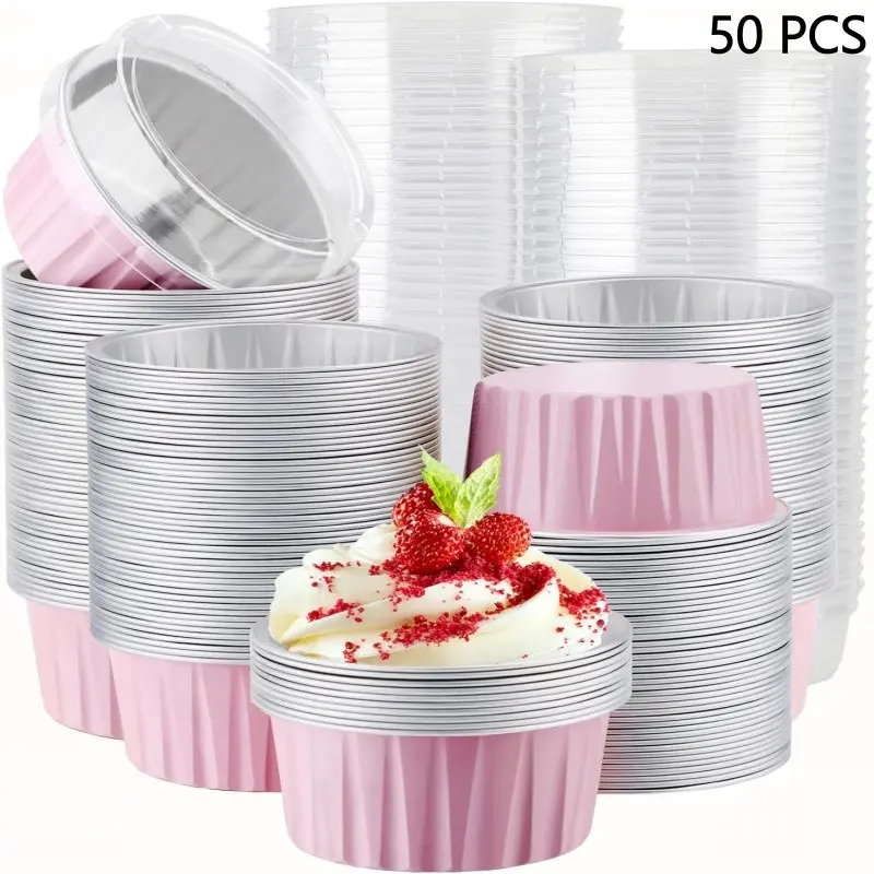 50 Pcs Mini Aluminum Foil Cupcake Baking Cups with Lids, Round Cupcake Foil Liners Tart Pie Tin Pan Holder - Disposable Mini Cake Containers Flan Molds for Pudding, Souffle, Party, Wedding, Bakeware Baking Essentials