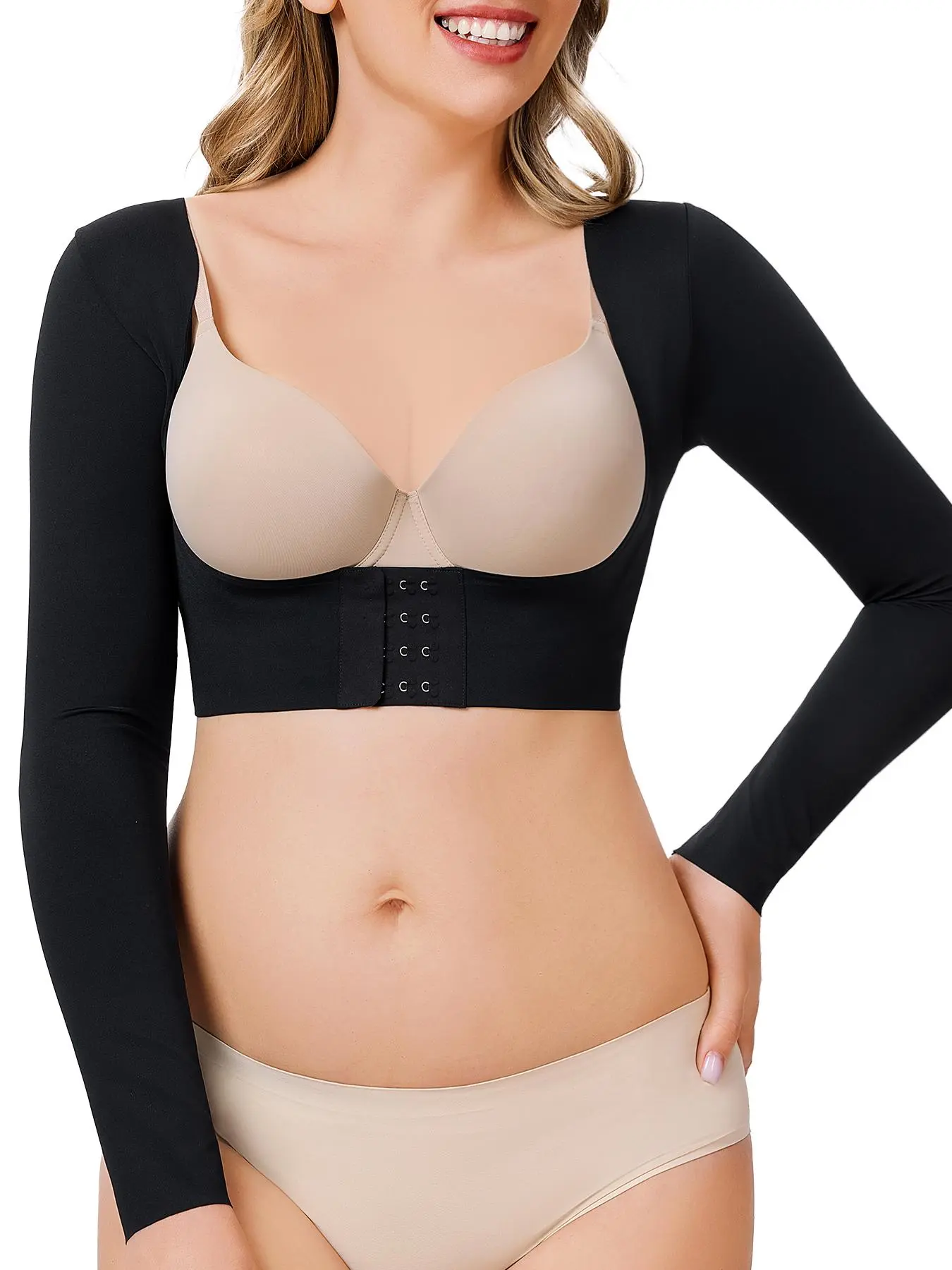 Women's Plain Open Bust Jersey Casual Shapewear Crop Tee, Adjustable Hooks Push Up Chest Long Sleeve Shaper Top, Ladies Shapewear for All Seasons Underwear