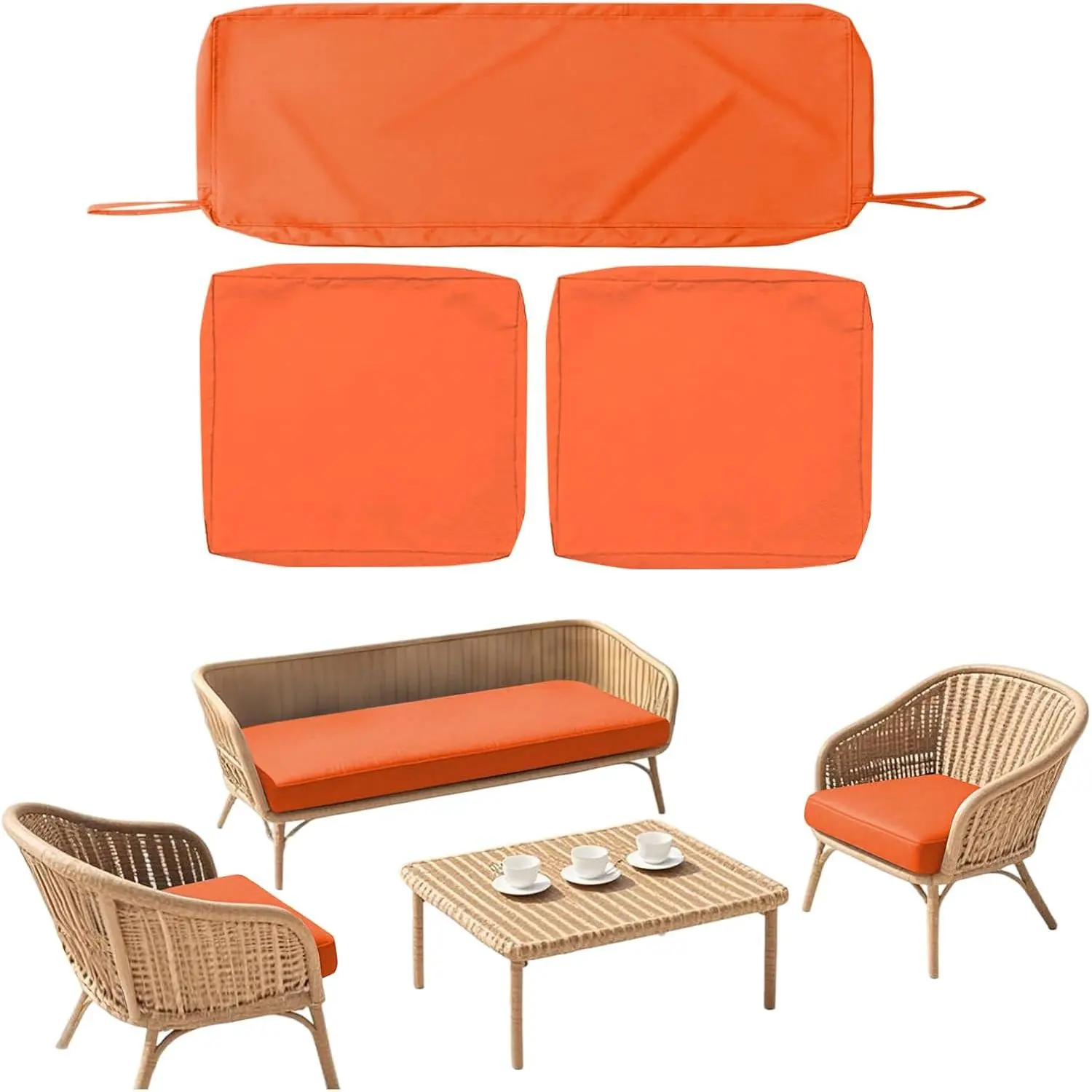 Thick Waterproof 3Pcs Cushion Covers - Spill-Safe Zip On/Off Fast Covers, 4-Pieces Fit 4pc Set for 4-Seat Wicker Rattan Chair Loveseat, Sizes: 42x18x2in, 18x18x2in, Orange