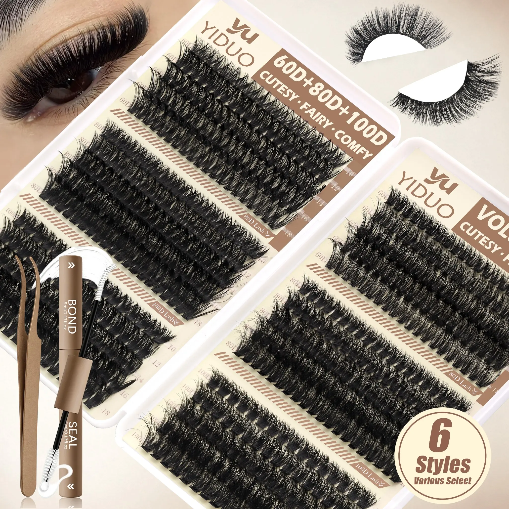 YIDUO Beginner-Friendly Eyelash Extension Kit,Wispy Volume 60D 80D 100D Lash Clusters Kit with 0.05mm Soft Band, D Curl, 10-18mm, 2-in-1 Bond & Seal & Tweezers, Waterproof.
