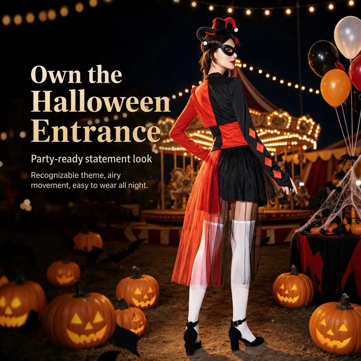 Women Red Black Jester Clown Costume Dress, Long Sleeve Mesh Tuxedo Skirt Halloween Circus Cosplay Outfit
