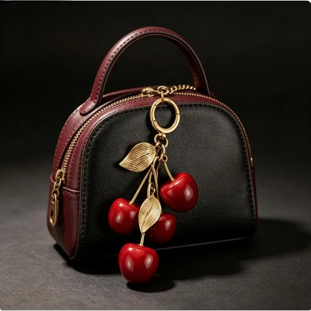 Vintage Distressed Gold Cherry  - Glossy Red 4-Piece Cherry Cluster, Textured Metal Leaves, Durable Alloy Spring Hook, Elegant French Style Fruit Bag Charm,  for Car Keys & Handbags (Mickey Family) Silent Stress Relief Fidget