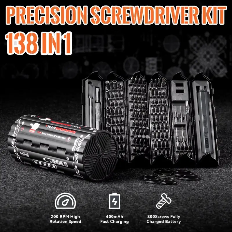 138-In-1 Precision Electric Screwdriver Set, High Torque LED Light, Strong Magnetic Bits, Portable Case, Ideal for DIY and Professional Use, Cordless Screwdriver Rechargeable, High Torque Tools