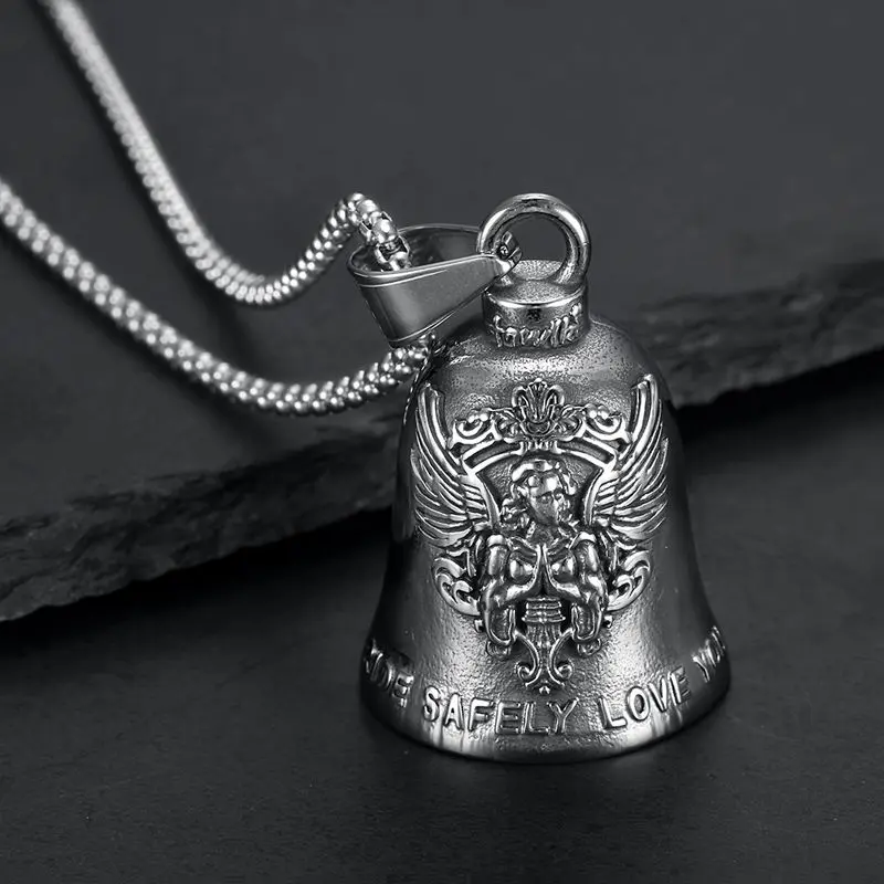 Unisex Guardian Angel Biker Bell Pendant Necklace - Antique Finish Stainless Steel with Angel Embossing, Biker Theme Box Chain Jewelry for Everyday Wear | Gift Choice