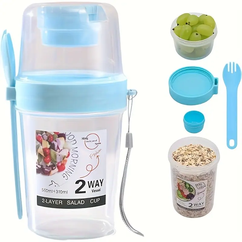 Portable Salad Shaker Cup with Fork and Sauce Holder, Top Grain or Oat Smoothie Container, Takeout Yogurt Cup, 2 Colors Available, Food Storage