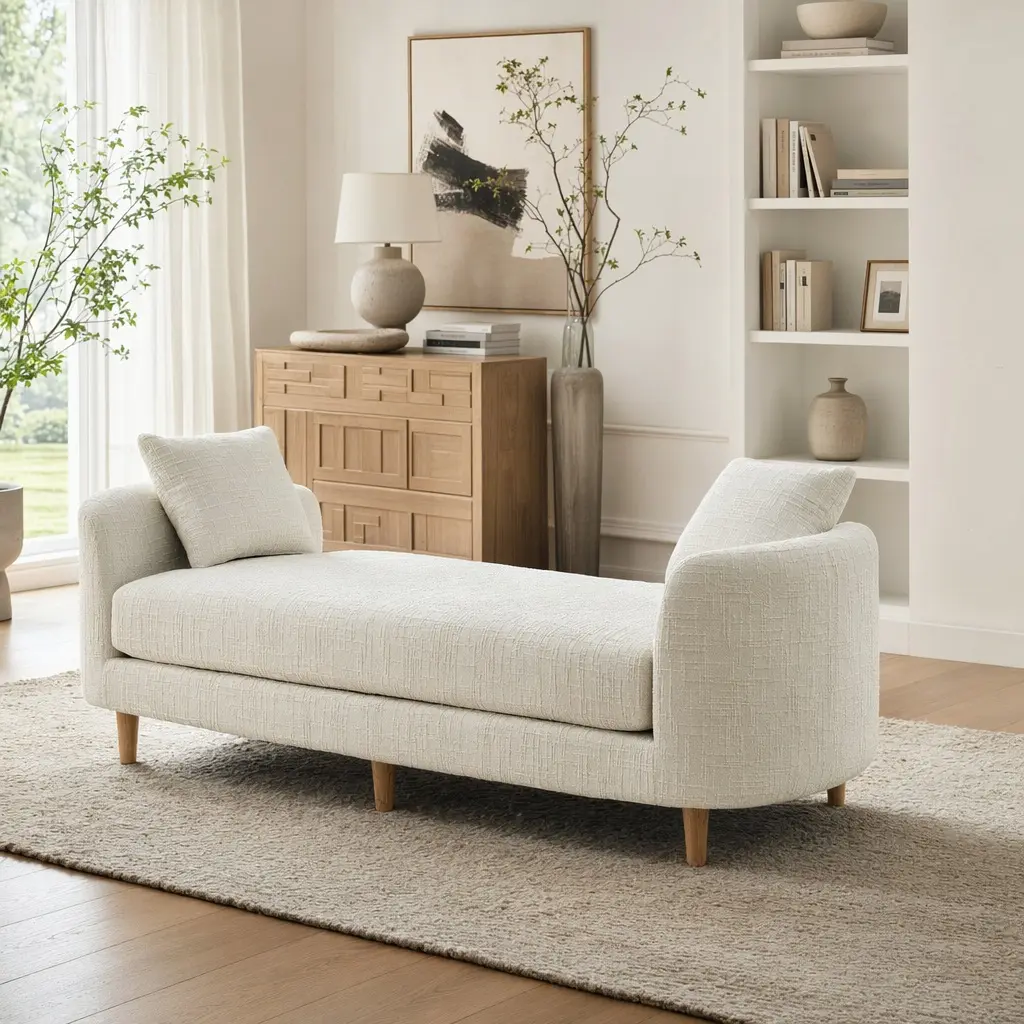 ARCH 77.17-in Wide Sturdy Chenille Upholstered End-of-Bed Bench with Arms, 2 Bolsters, Rubberwood Legs, 450 lbs Capacity - Assembly Required Multi-Functional Furniture for Bedroom, Living Room, 450 Pounds