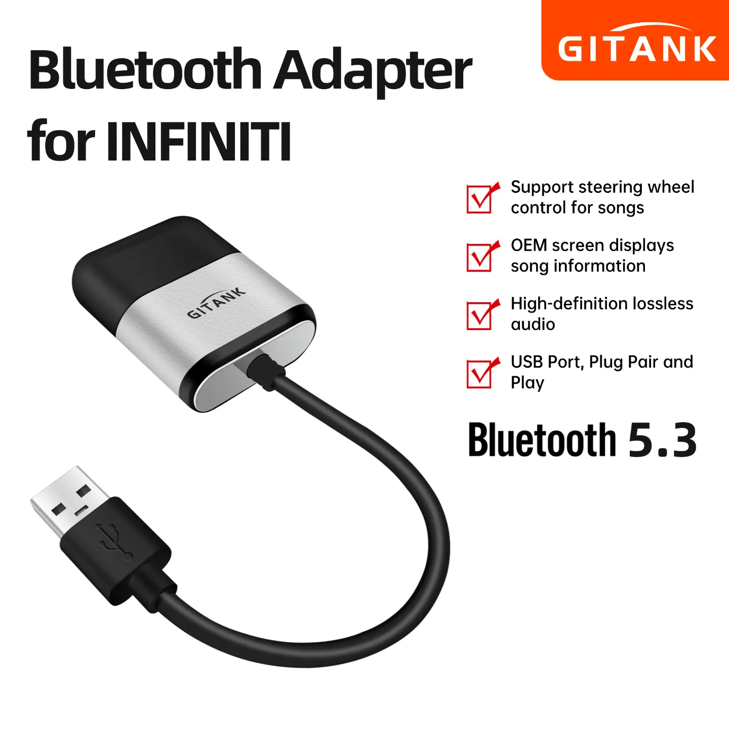 GITANK USB iPod Bluetooth 5.3 Car Adapter for Infiniti G37/M37/Q70/EX/FX35/JX/FX/QX50/QX60/QX80/M & NMC Patrol/Qashqai/Murano