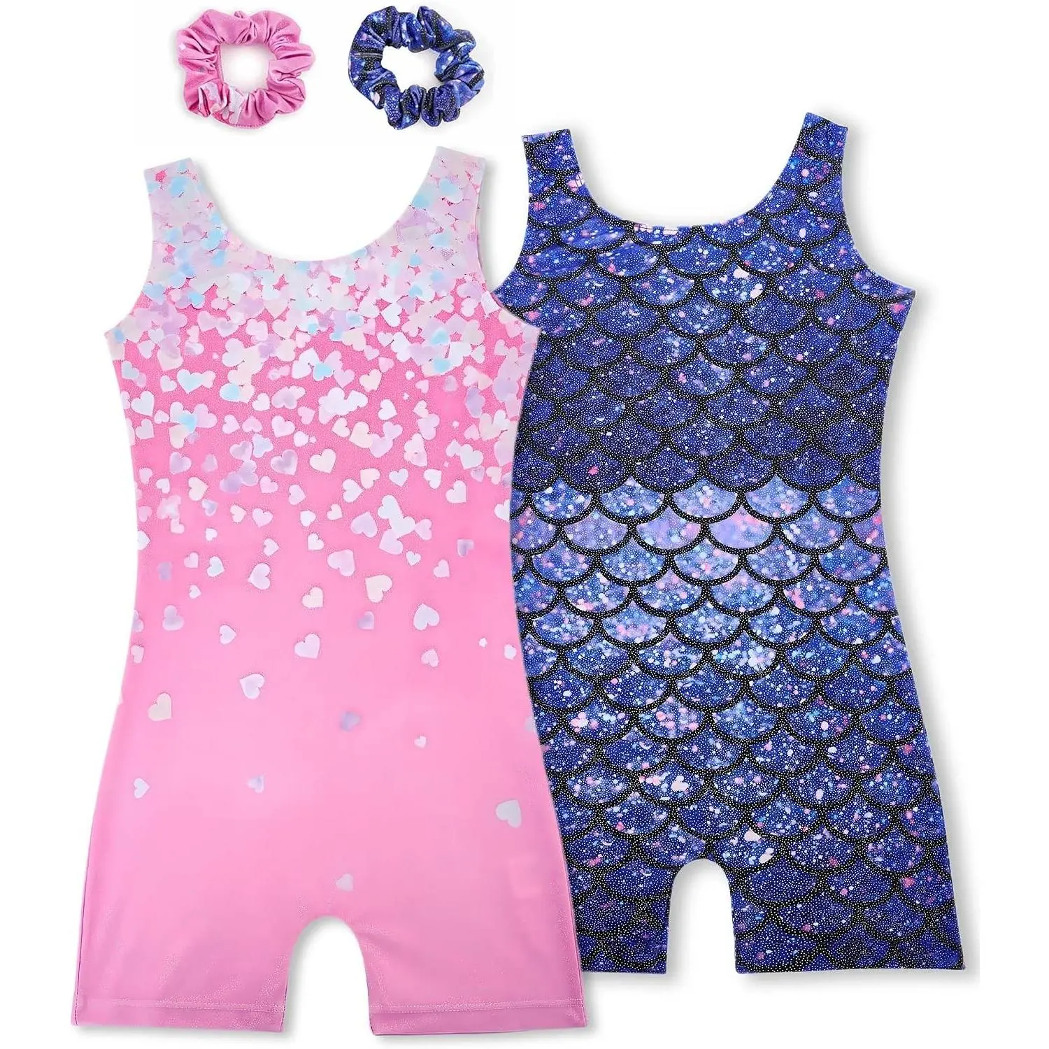 Girls Gymnastics Leotards 2 Pack Sparkly Biketards with 2 Hair Scrunchies | Kids Leotard for Gymnastics, Tumbling, PracticeGift