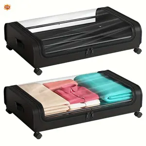 [Under Bed Storage] 2pcs Under Bed Storage Organizer Metal Underbed Bins With Wheels And Lid Metal Underbed Storage Containers Under Bed Rolling Storage For Clothes, Bedding, Shoes, Blankets, Books, Under-Bed Storage