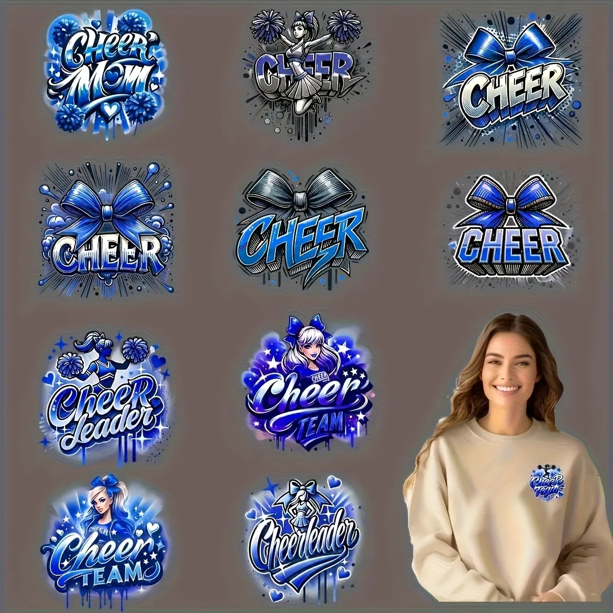 12 Pcs Cheerleader Heat Transfer Stickers, Washable Vinyl, Iron-On, Bright Blue, Festive Design, Perfect for T-Shirts, Masks, Jeans