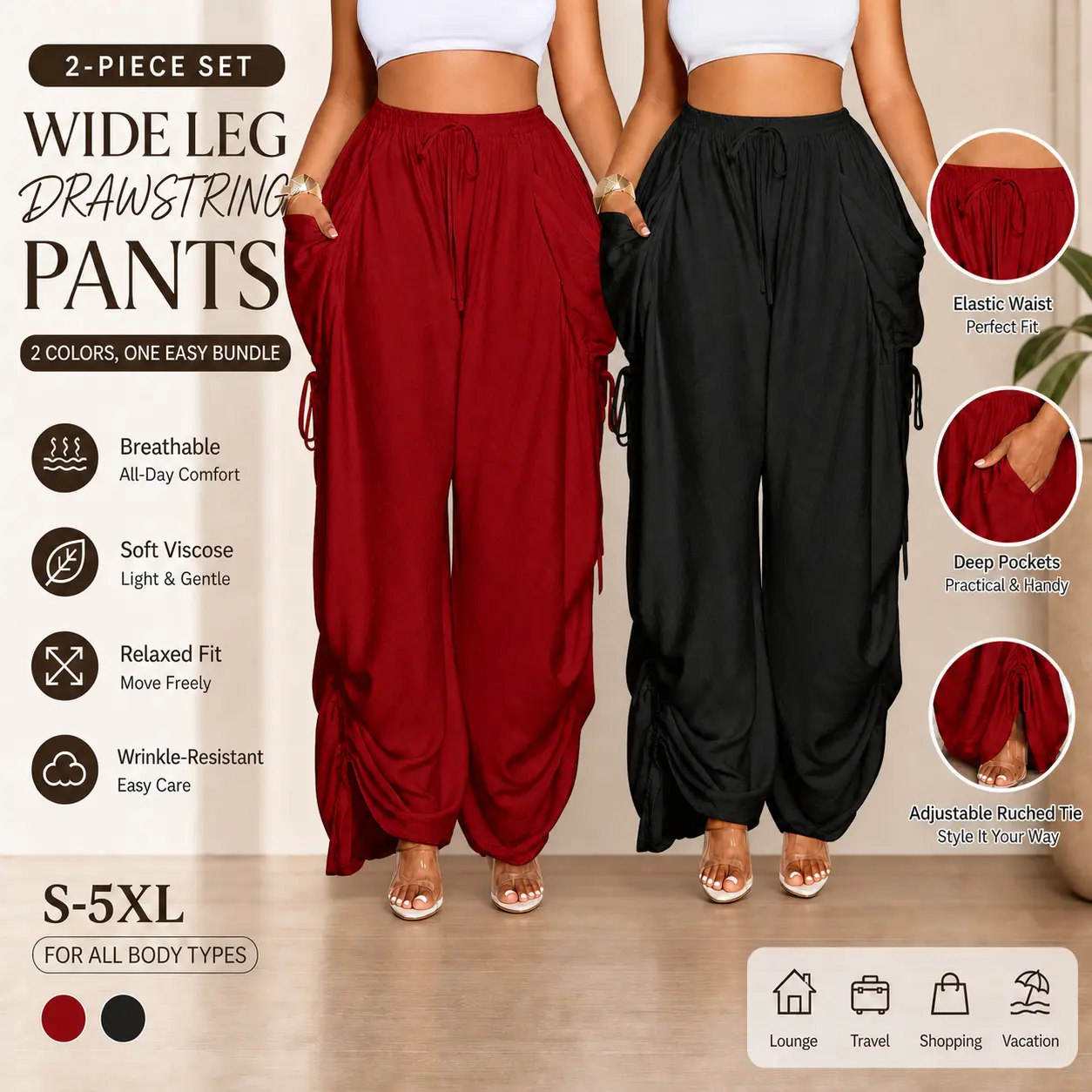 Women’s 2 Piece Wide Leg Pants Set, High Waisted Drawstring Palazzo Pants, Soft Viscose Flowy Trousers with Deep Pockets, Lightweight Breathable Summer Casual Lounge Pants, Loose Fit Travel Vacation Outfit for Women, Elastic Waist Relaxed Fit Pants S-5XL