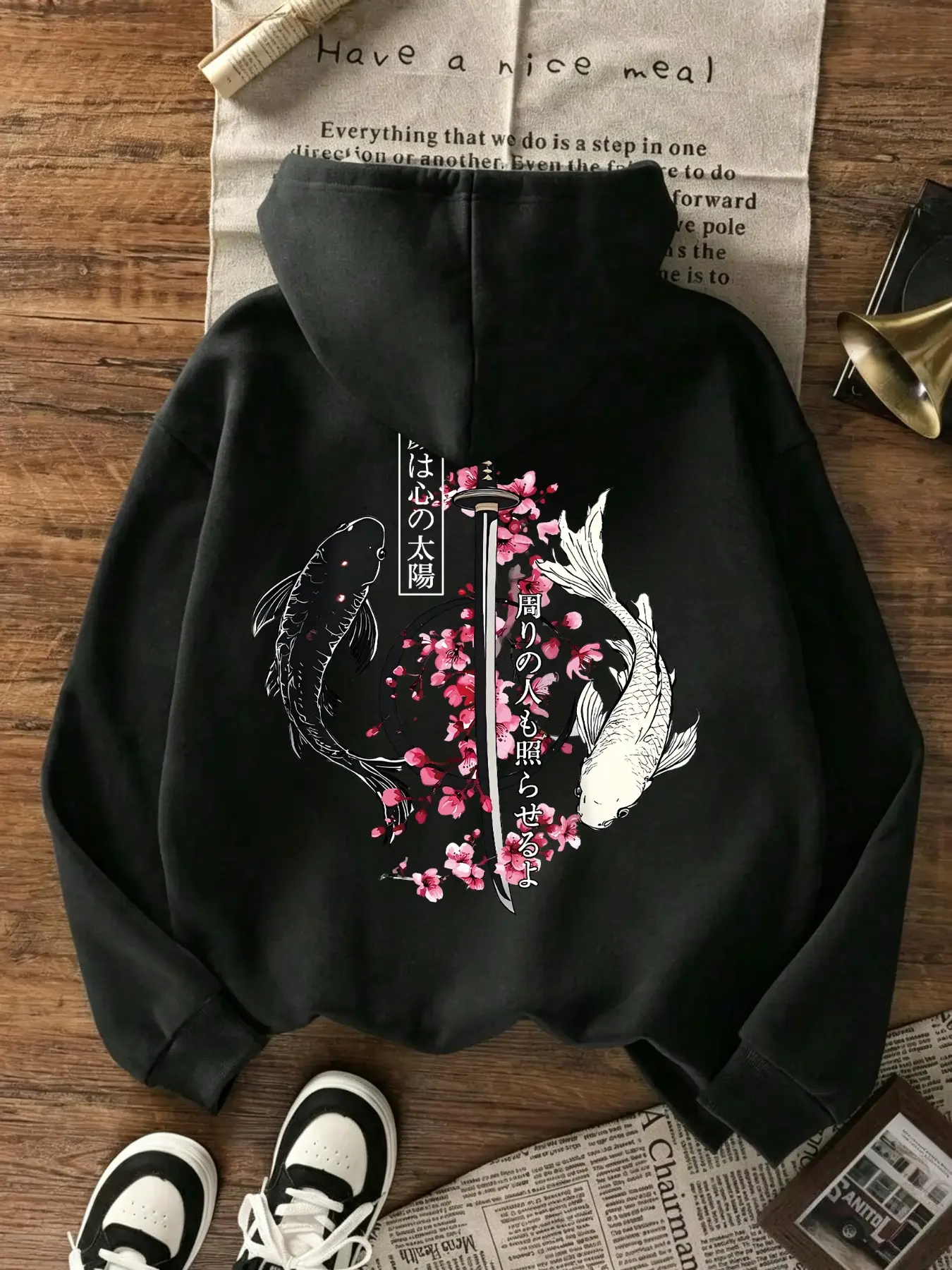 Watercolor Koi Swordman Cherry Blossom Print Fleece Loose Hoodie, Soft Warm Eastern Retro Casual Top, Unisex Spring Fall Anime