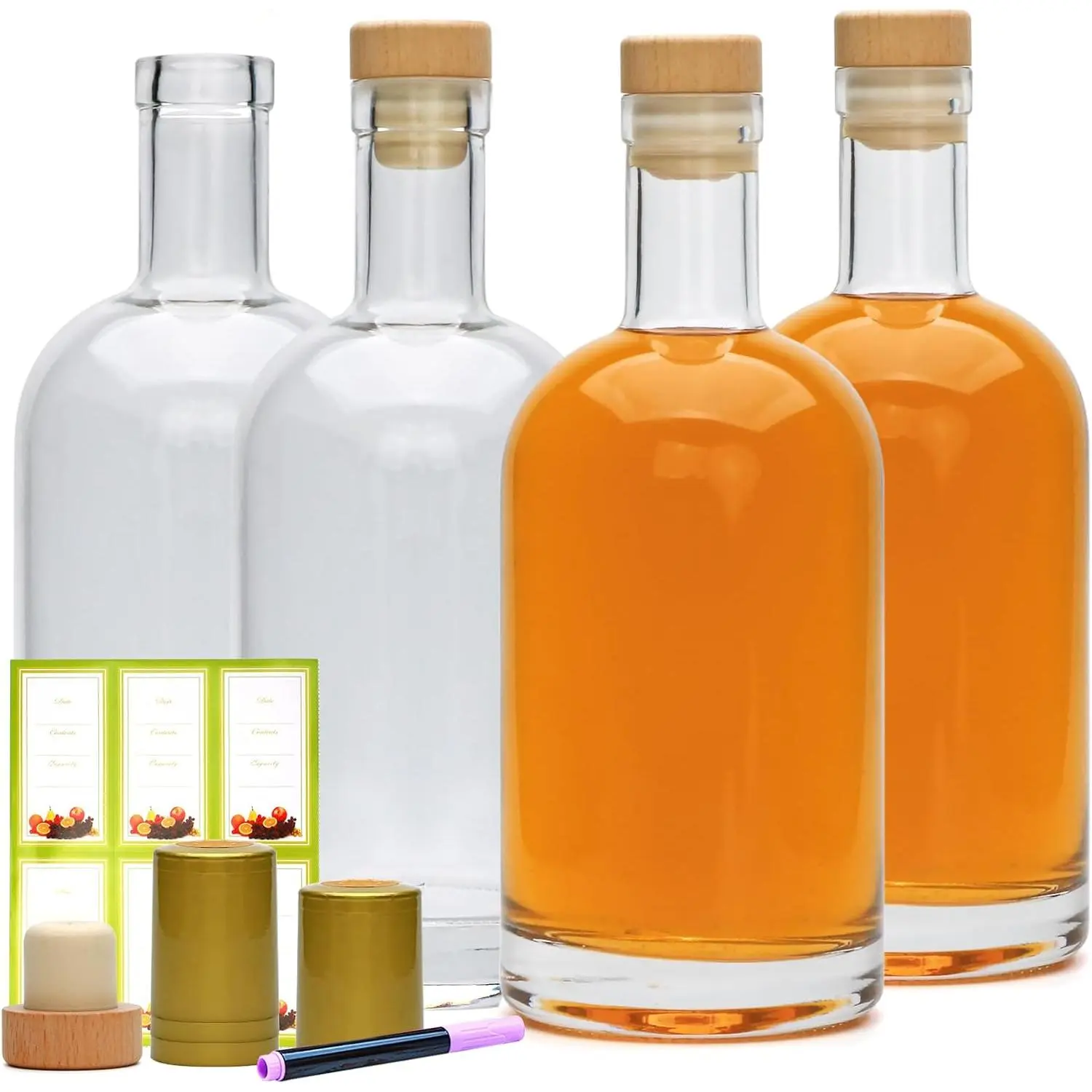 25 oz Glass Bottle with T-Top Cork,Liquor Bottles, Heavy Bottom Wine Bottle for Vodka, Juice, Milk, Whiskey, Water, Gift Giving,4-pack