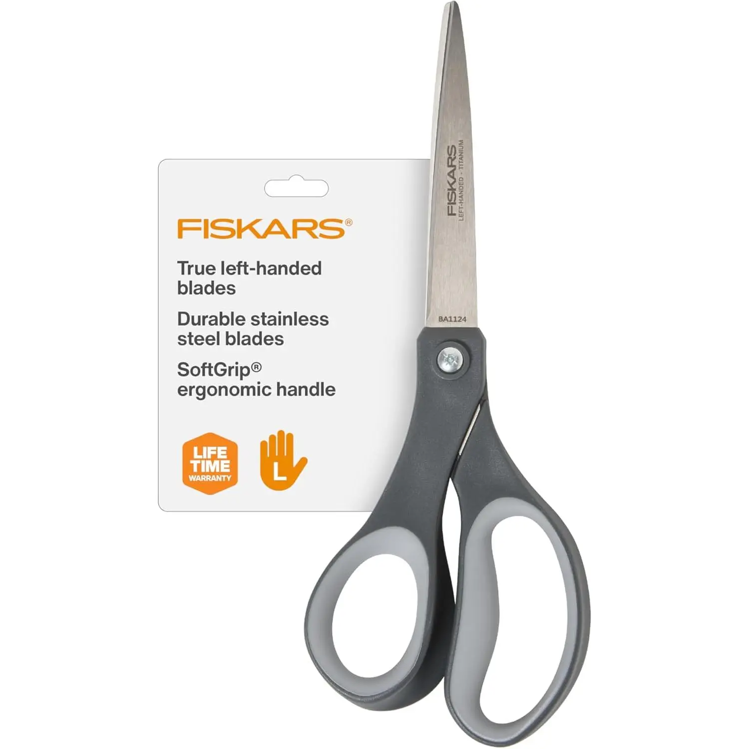 Fiskars 8” Left-Handed Titanium Scissors, SoftGrip Handle for Comfort, Durable Stainless Steel Blades for Home and Office Use