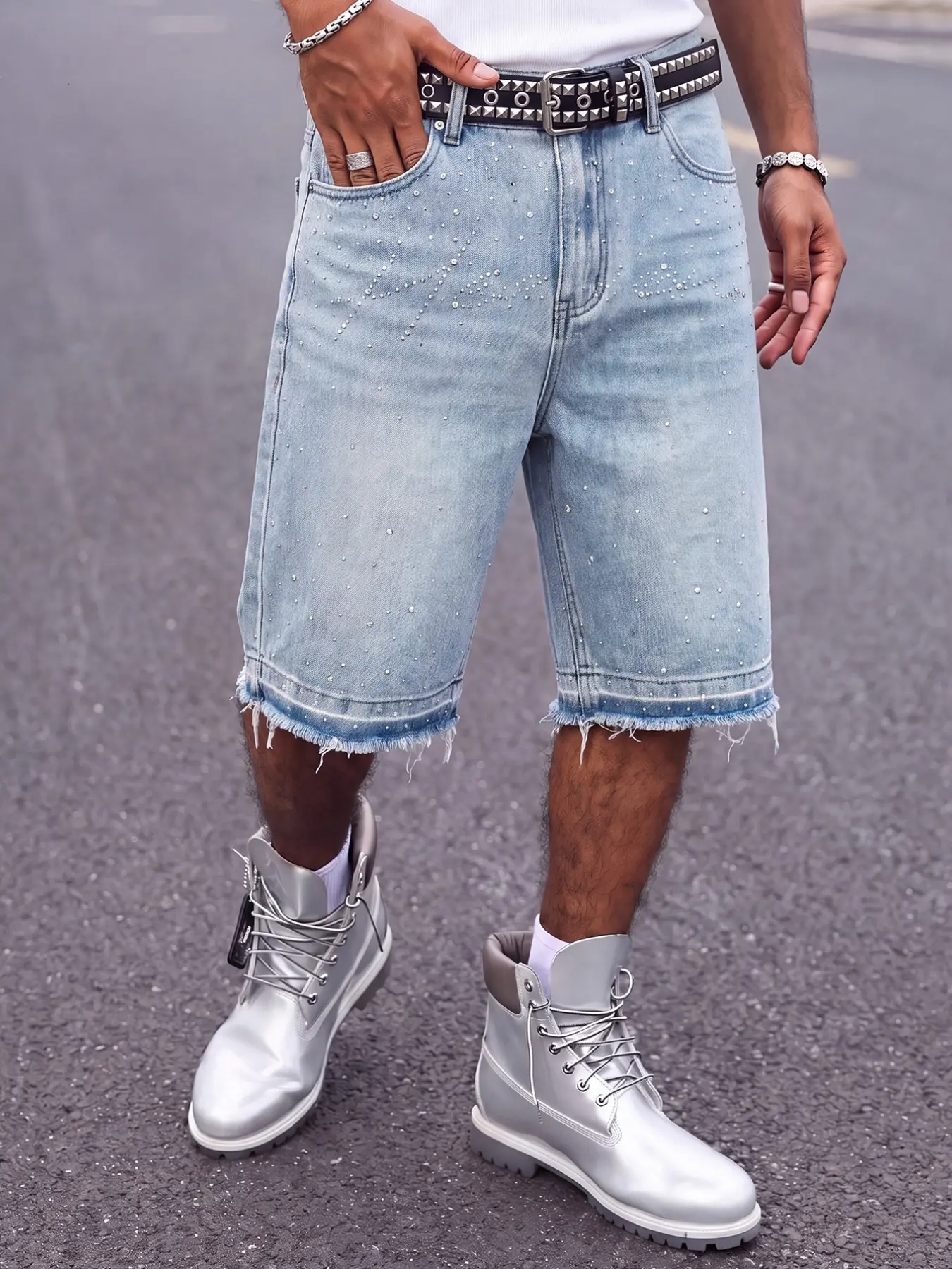 Men's Denim Shorts, Rhinestone Design, Washed Look, Summer Casual Streetwear, Loose-Fit, Natural Waist, Short Pants