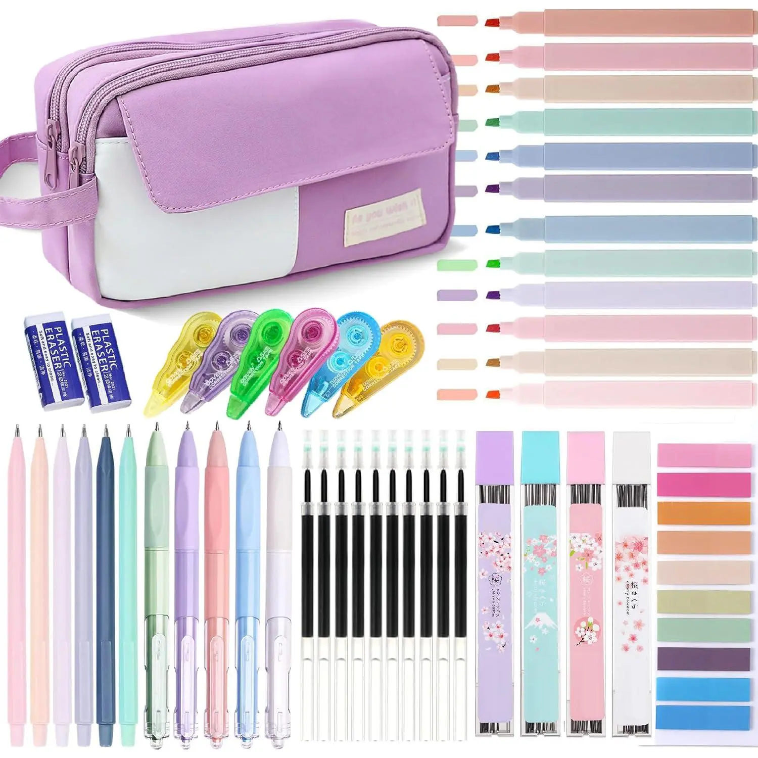 42 count Big Capacity Pencil Pouch with Aesthetic School Supplies, 12 Pastel Highlighters, 5 Black Ink Gel Pens, 6 Mechanical Pencils Set 0.5 & 0.7mm, Sticky Notes, Stationary Set for Student()