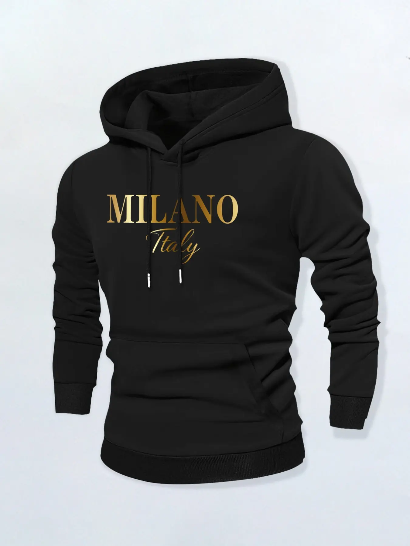 Men's Milano Hooded Sweatshirt, Breathable Cotton Fabric, Loose Fit, Kangaroo Pocket, Letter Design, All Seasons Wear
