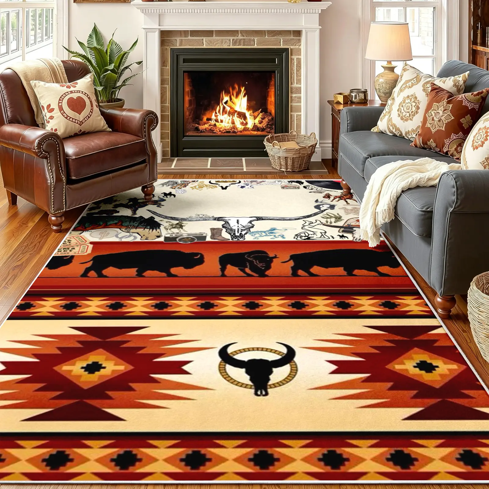 Modern Western Bison & Bull Skull Area Rug, Ultra Soft Faux Cashmere, Non Slip Backing, Stain Resistant, Machine Washable Carpet for Living Room, Bedroom, Dining Room, Office, Aesthetic Decor Home Decor Alfombras Para Sala (Various Sizes)