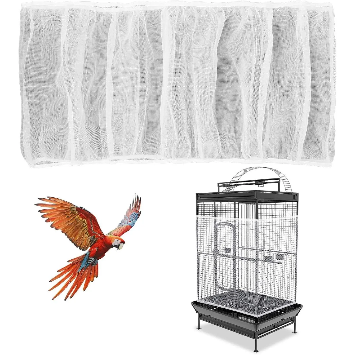 White Bird Cage Mesh Cover, Seed Collector Protective Mesh Cover, Adjustable Soft Breathable Mesh, Bird Seed Collector for Budgie, Suitable for Round and Square Parrot Cages