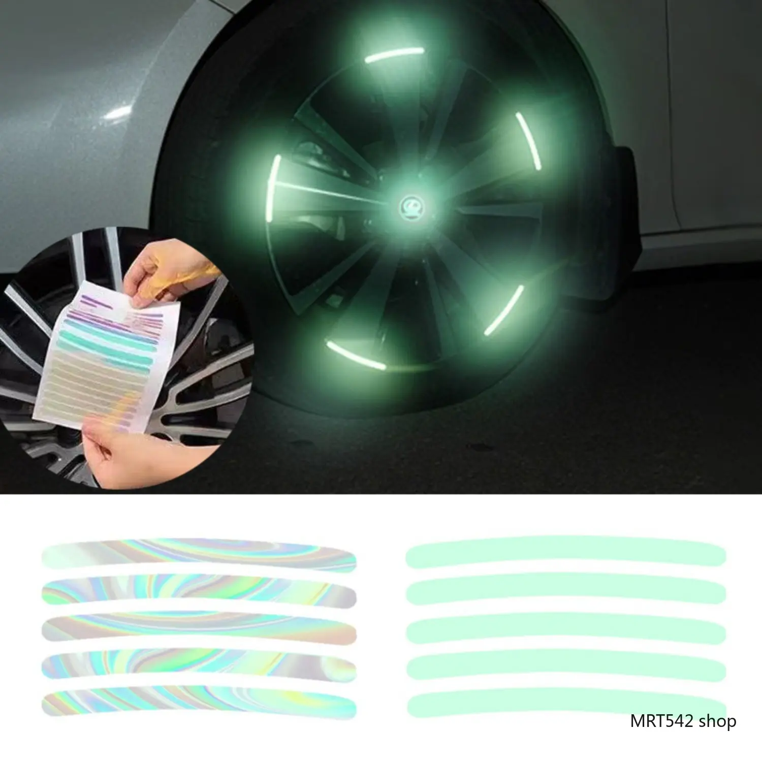 20PCS Multipack Car Wheel Hub Reflective Stickers - Iridescent Glow-in-the-Dark Stripe Tape, Night Drive Safety Decorative Decals for Cars, Motorcycles (Fashion Auto Styling Accessories)
