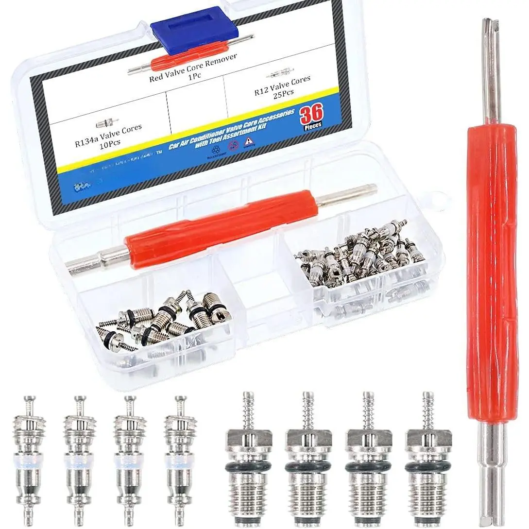 36 count  Air Conditioner Valve Core Schrader Valve Cores Accessories A/C R12 R134a Refrigeration Tire Valve Stem with Double   Dismantling Remover Installer Tool  Kit