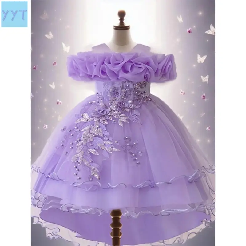 YYT1  Girls' Elegant A-Line Tulle Dress with Floral Embroidery and Sequins, Cold Shoulder Belted Party Gown Kids 3-12 Years, Clothes, Fitted, Bow, 4Y(104Cm), Dress Up Gown, Embroidered Tulle Dress