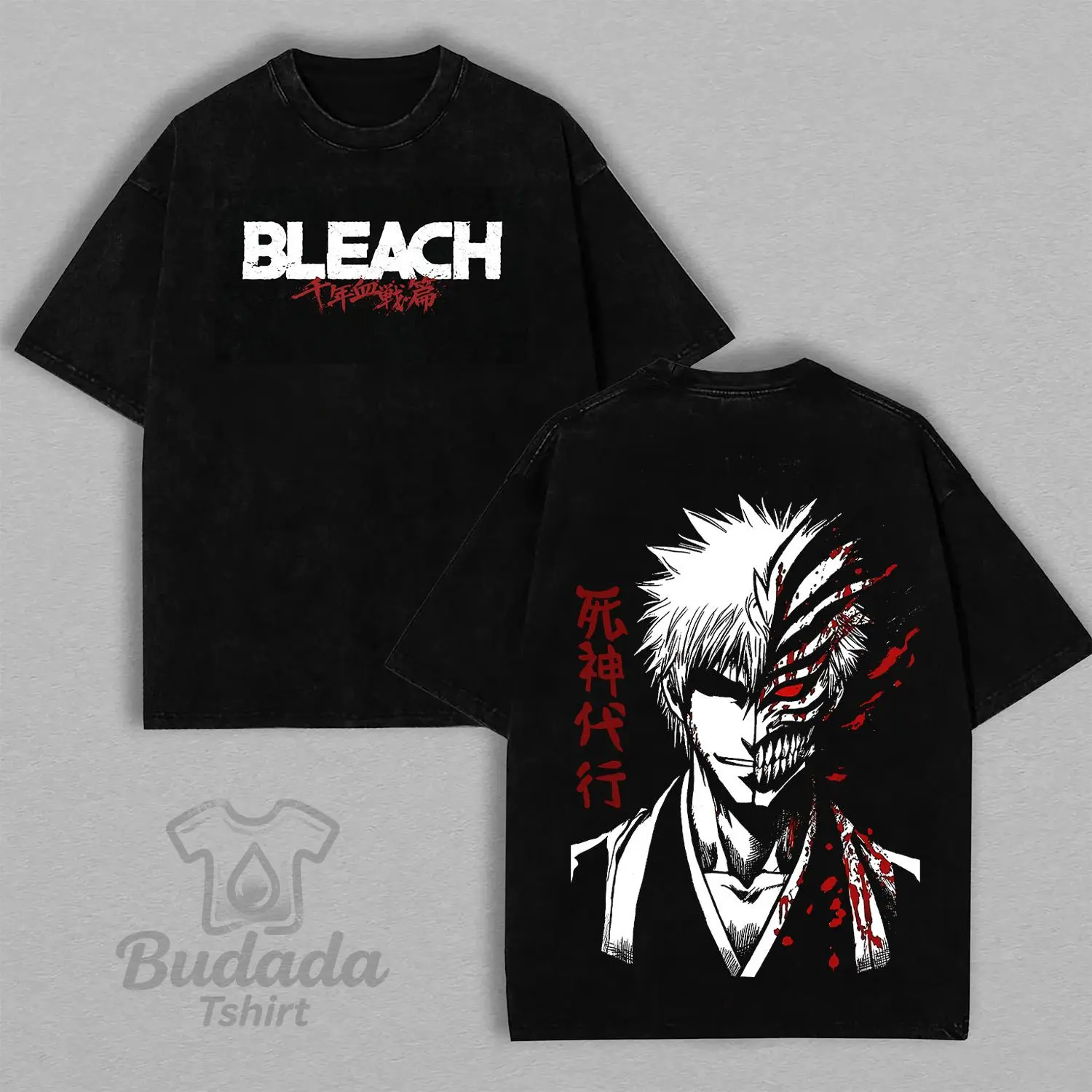 Fashion T-shirt for Men Vintage Acid Washed Oversized Cotton Tshirt Bleach Zaraki Kenpachi Graphic Tee Anime Bleach Kenpachi Double Sided Print Tshirt Kenpachi 11th Division Casual Streetwear T-shirt Unisex Manga Bleach Merch Short Sleeve Top