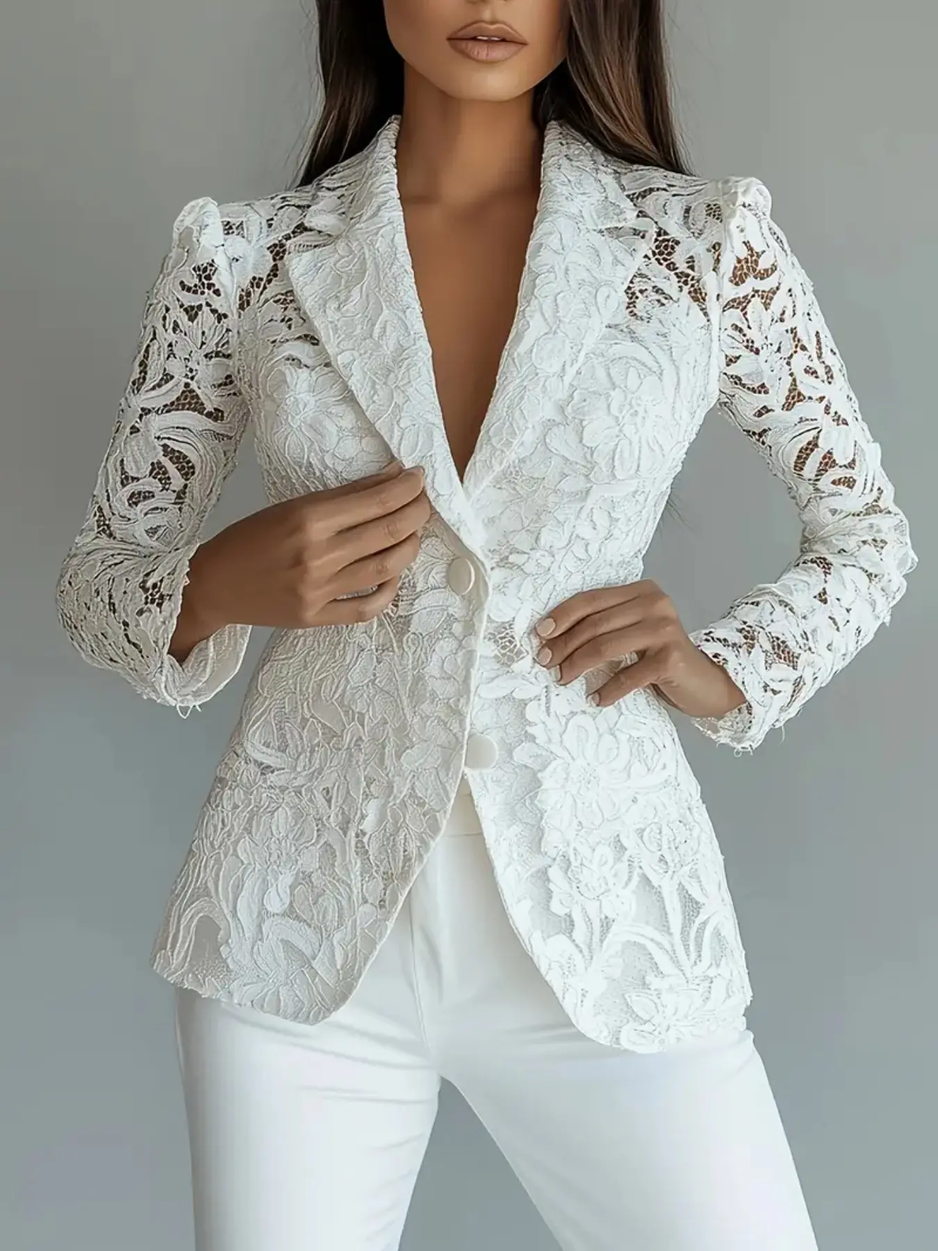 Lace Suit Jacket for Women, Spring Summer Lapel Two Button Waistcoat, Elegant Aesthetic Slim-Fitting Long Sleeve Outerwear for All Seasons