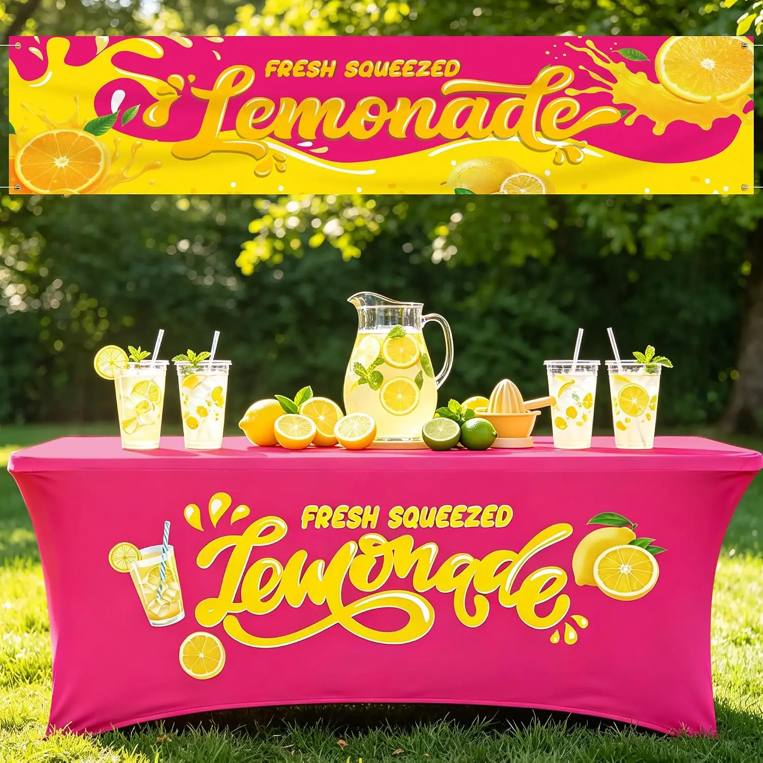 6 ft Hot Pink Lemonade Stand Tablecloth with 2x10 ft Lemon Banner| LemonadeTable Cover Fresh Squeezed Lemon Stand Supplies Lemon Flag Party Table Cloths