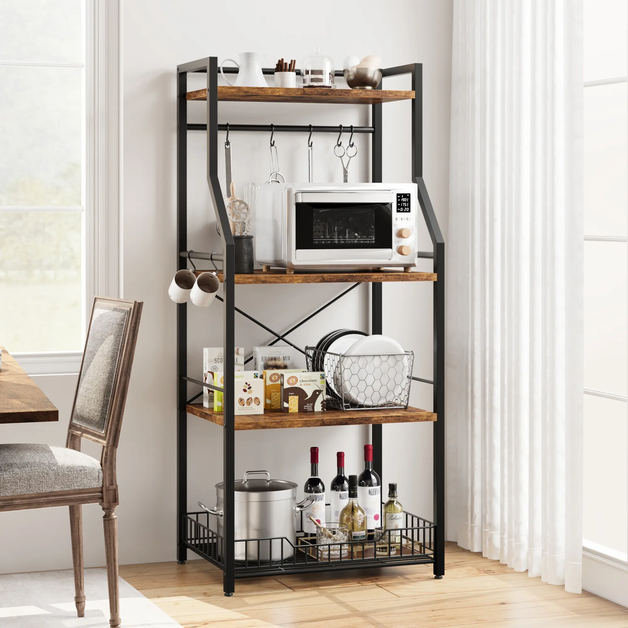 Gaomon 4 Sturdy Tiers Space-Saving Kitchen Bakers Rack Storage Rack Organizer, Heavy-Duty Microwave Stand with Large Wire Basket & 8 S-Hooks, Industrial Utility Shelf for Pantry, Dining Room Spices, Cookware (23.6 x 15.7 x 50.7 inches)