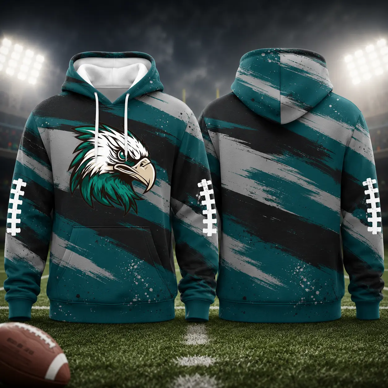 Unisex Mascot Animal Graphic Hoodie, Brush‑Stroke Striped Print Sweatshirt With Football Stitch Sleeve Details, Game Day Casual Fan Top