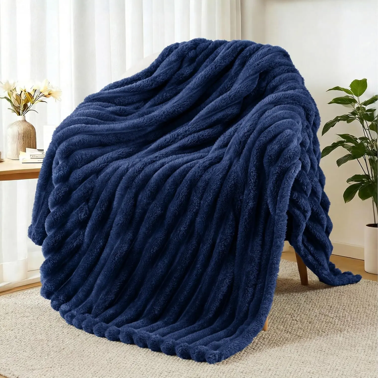 Modern Fleece Throw Blanket, Soft Striped 50x60 in Bedding Blanket, Lightweight Fuzzy Cozy for Couch, Navy Blue