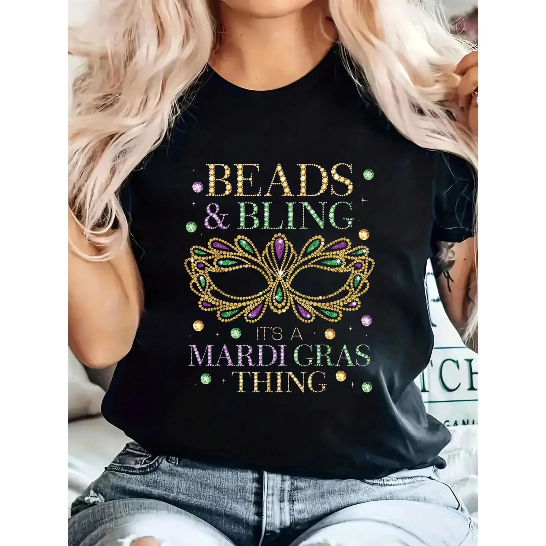 Plus Size - Women'S for carnival Festival T-Shirt |   " for carnival Exclusive" Glitter Letters and Sequin Mask Design, Soft Short Sleeve, Crew Neck, Pure, Plus Size 1XL-5XL, Suitable for Carnival Party Outfits, Spring Summer Casual Wear