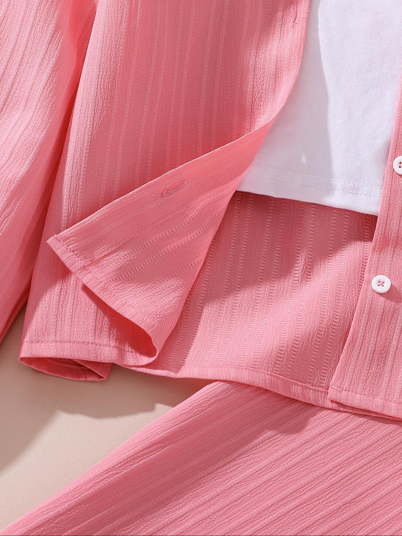 Girls' 2-Piece Set, Plain Color, Collar Design, Button Open Jacket, Long Sleeve, Elastic Waist Pants, Casual Fashion, Comfortable Style