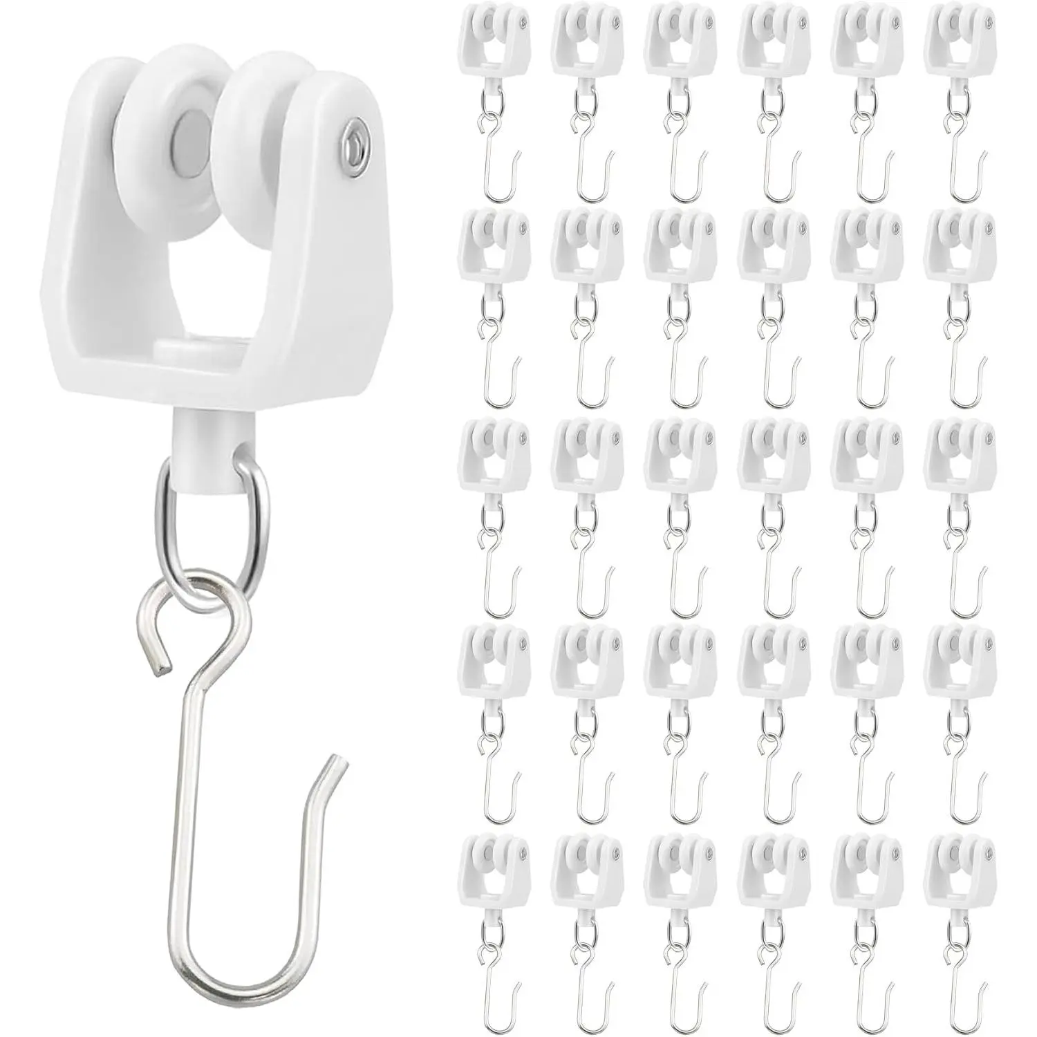60 count Ceiling Curtain Track Rollers and Hooks Accessories Sets - 30 count Smooth Rollers with 30 count Metal S Hooks,  and Heavy-Duty, White