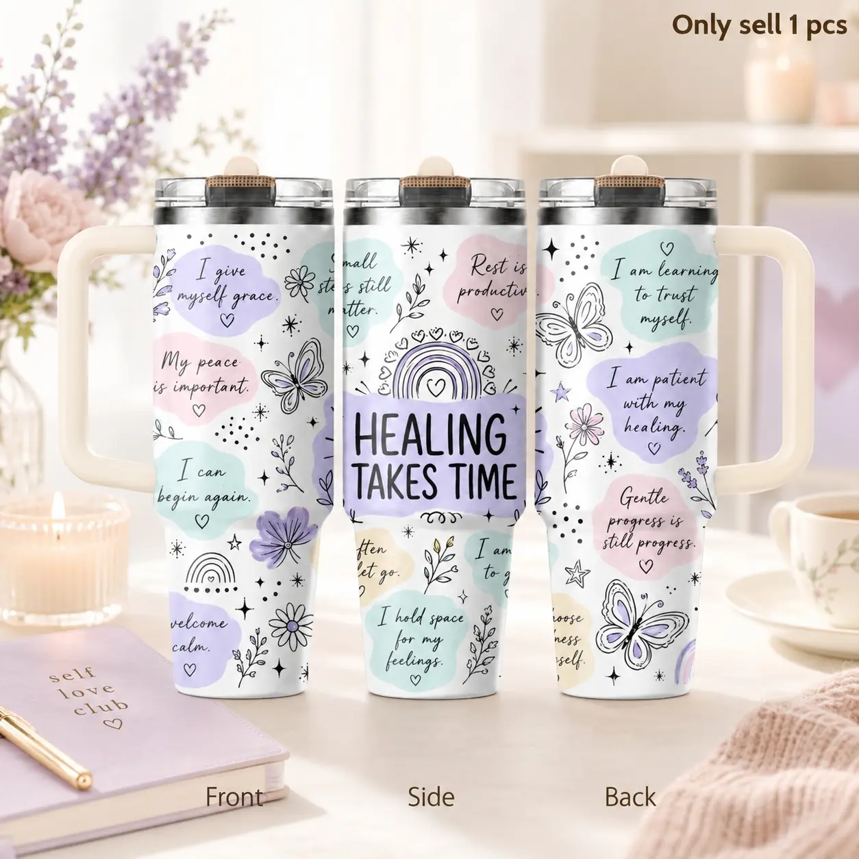 Daily Affirmation 40oz Tumbler – Positive Quote Stainless Steel Insulated Cup with Handle & Straw Lid for Coffee, Water, Office, Gym, Self Care Routine, Car Holder, Motivational Gift, Flasks