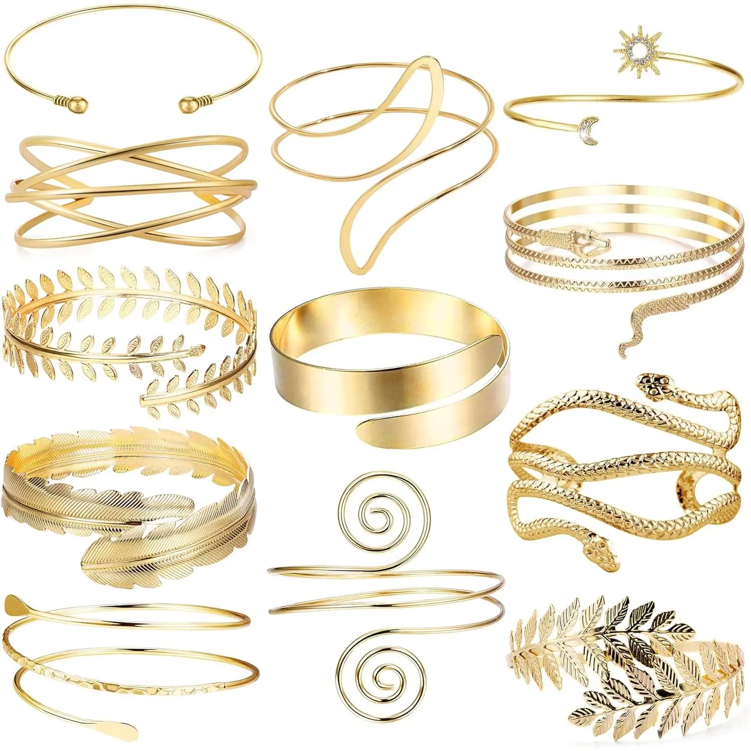 12 count Arm Cuff Bracelets for Women Boho Upper Arm Bands Leather Armband Armlet  Cuff Bangle Bracelet Open Golden Arm Cuffs Set
