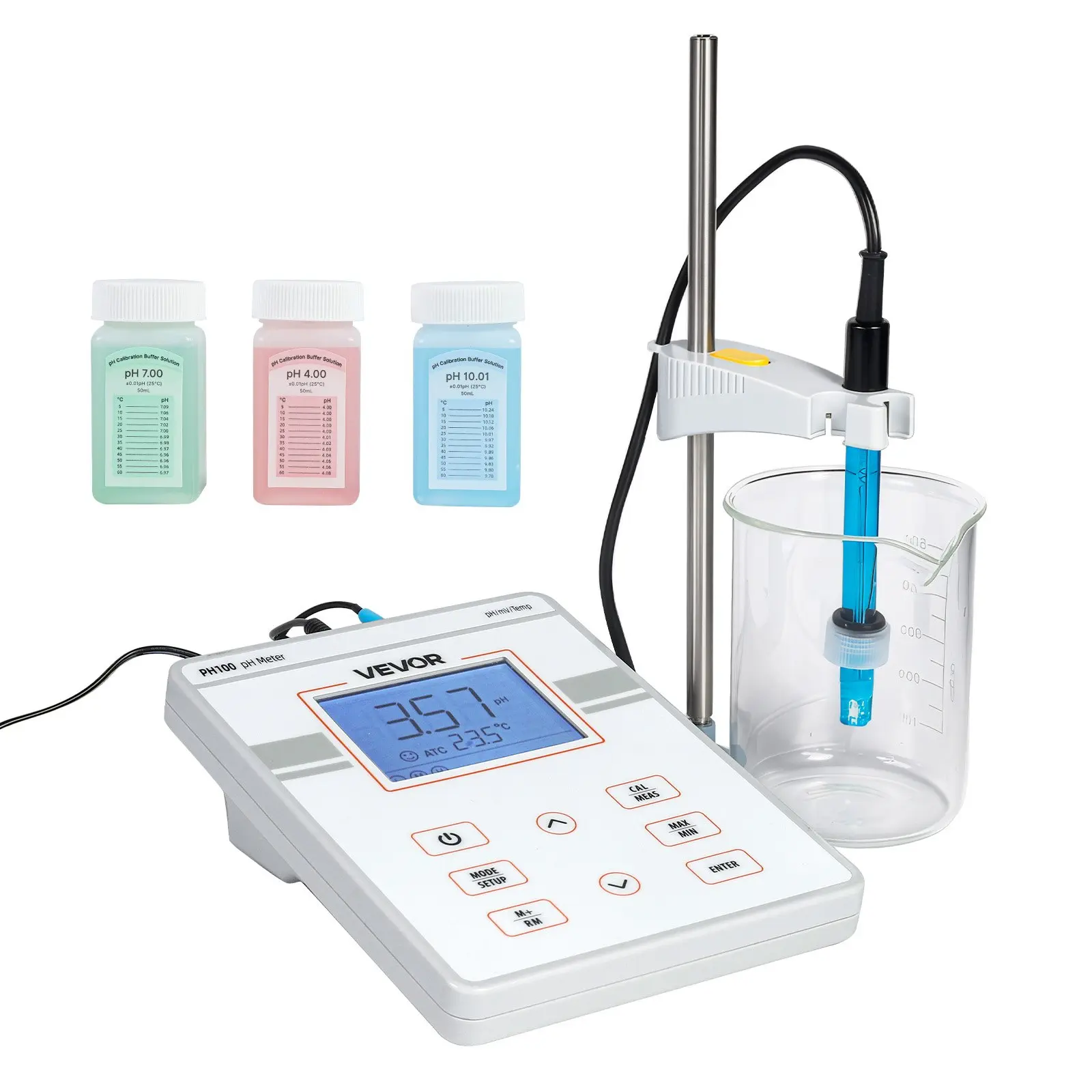 VEVOR Benchtop pH Meter Kit Set, 0-14 pH Range Lab Tester for Lab Users, Auto Calib., IP54 Probe, Electrode Holder, Large Backlit Display, Calibration Solutions, Power Adapter, 50 Reading Storage, Temperature & Water Quality Testing