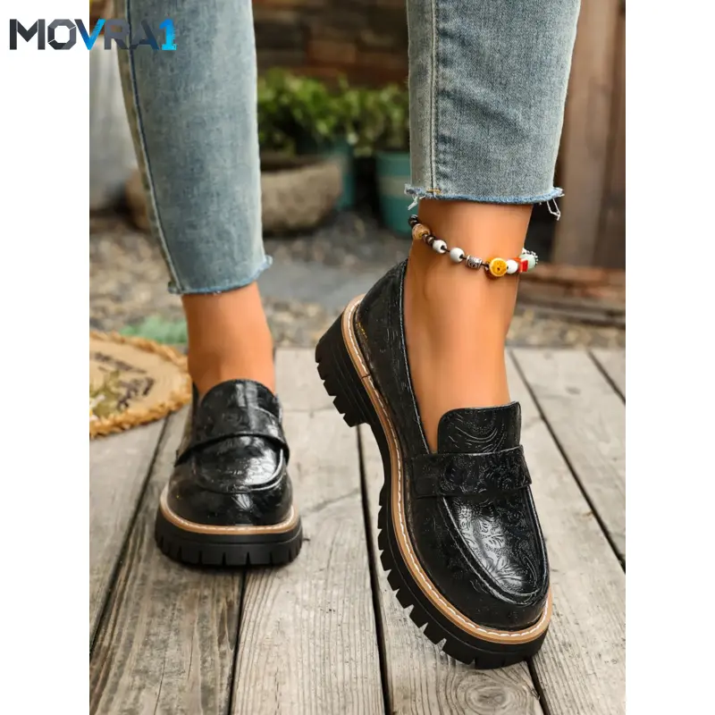MOVRA1 British Style Glossy Leather Loafers, Anti-Durable Chunky Sole, Comfortable Women's Shoes, Versatile Retro Casual Footwear, Rubber Soled Shoes, Walking Shoes, On Shoe, Thick Sole Loafers