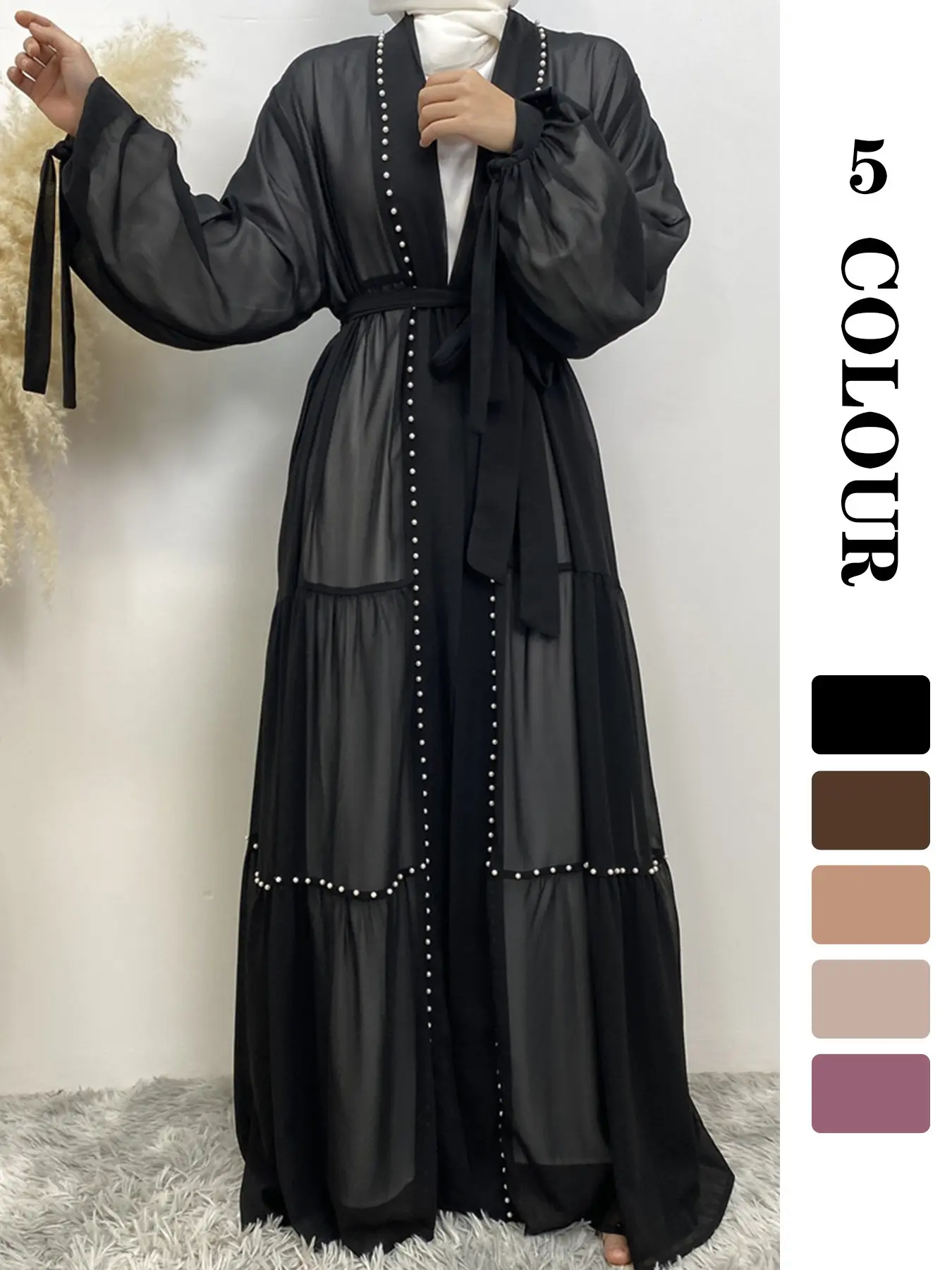 Women's Solid Color Pearls Decor Chiffon Loose Open Abaya, Modest Fashion Long Sleeve Open Front Abaya for Daily Wear, Women's Islamic Clothing for Spring & Fall