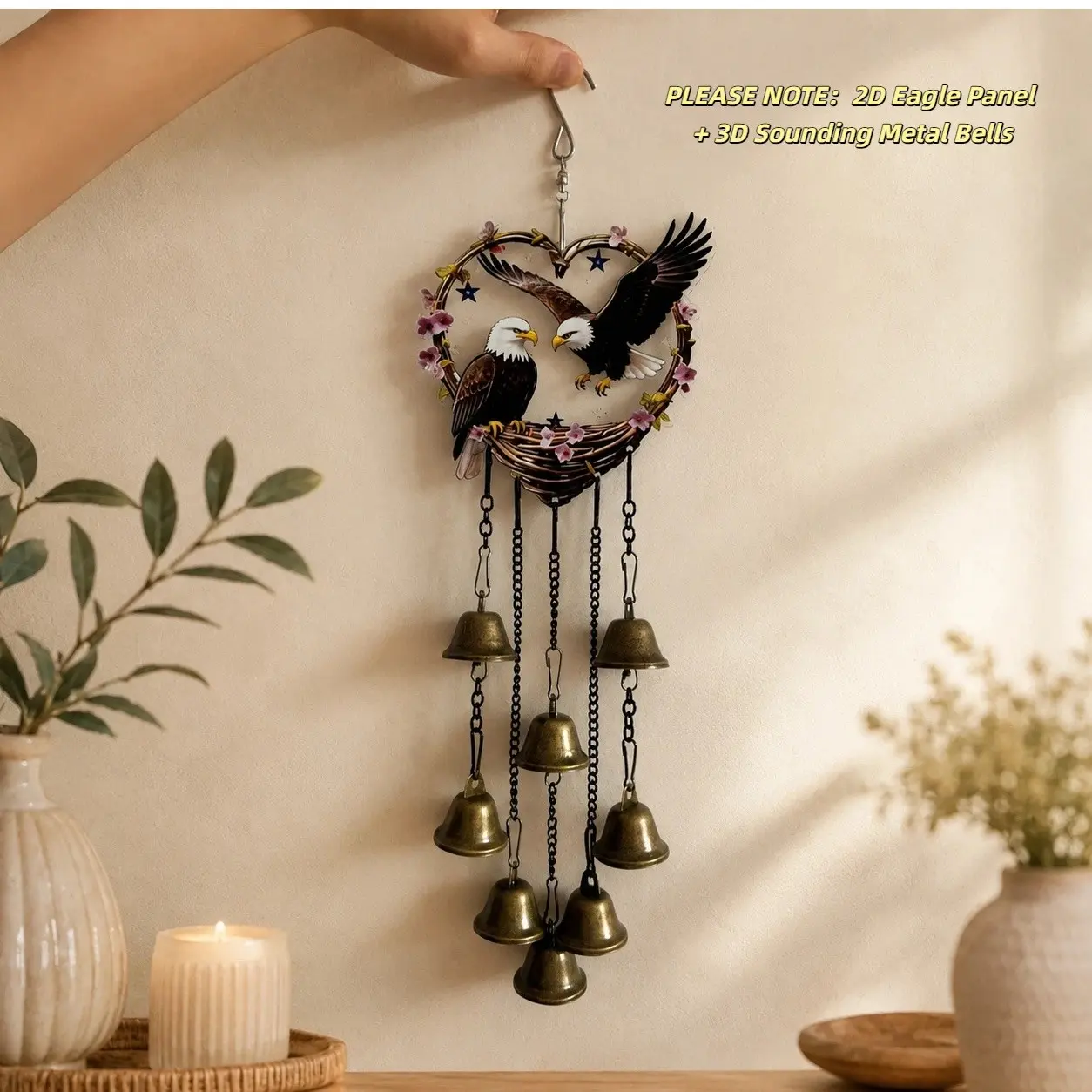 1-Pack Large 2D Eagle Metal Wind Chime, Vintage Ethnic-Style Decorative Hanging Decor with 1.49-Inch Bell, Hand-Assembled Durable Iron Ornament for Garden, Patio, Balcony, Living Room, Office, Relaxation and Gifts, Windchimes