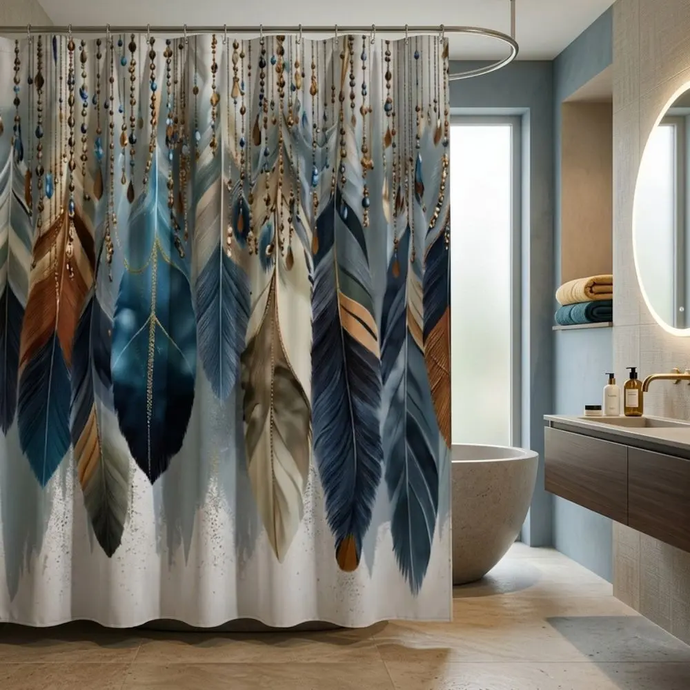 Elegant Blue & Gold Feather Shower Curtain with Beaded Fringe, Teal Navy Artistic Print for Bathroom Decor, Festive Holiday Home Accent, Luxurious Teardrop Pendant Strands, Off-White Background, Modern Tub Set