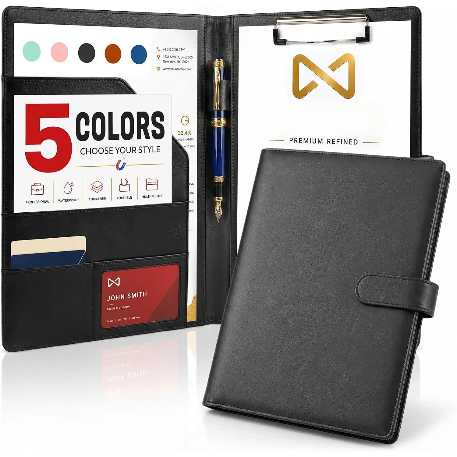 Black Padfolio Portfolio Binder, Faux Leather Resume Folder | Legal Pad Holder, Clipboard with Cover, A4 Letter Size, for Interviews Business Card Documents Notepads Meetings & Office Use