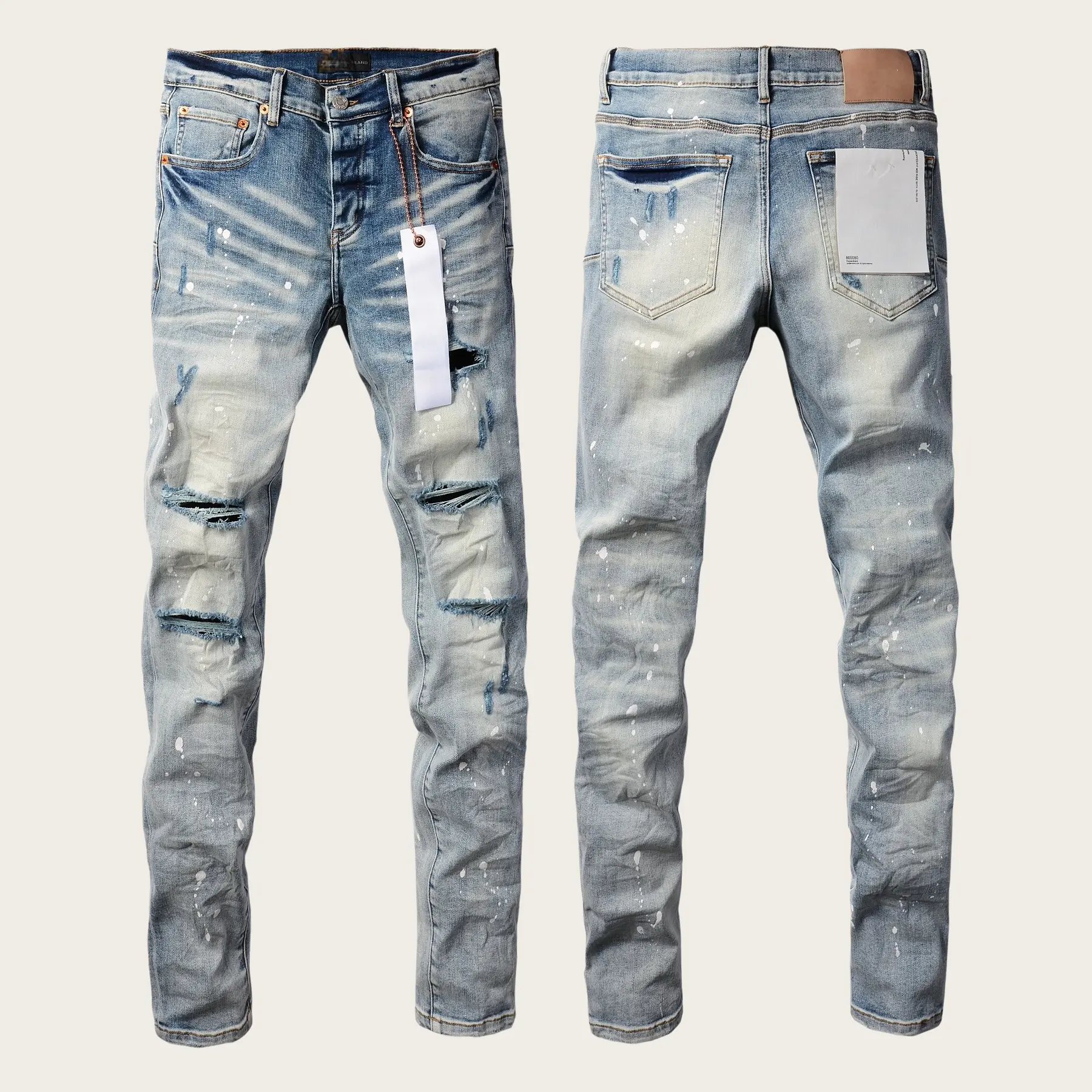 Mens Y2K Vintage Luxury Designer Stacked Jeans Trend Vintage Washed Knee Ripped Paint Splash Slim Tapered Cuff Stretch Denim New Tags US Sizes 28-40