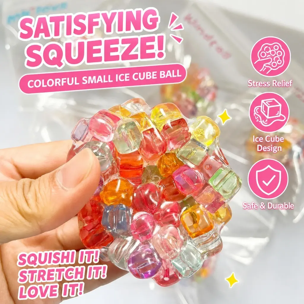 Rainbow Glitter Ice Cube Crunchy Squeeze Pop Fidget Ball Bubble Toy Squishy Squeeze Ball Handmade Stress Relief Sensory Gift for Kids Adults